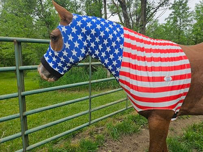 Derby Originals Stars & Stripes Lycra Horse Sleazy Hood with Zipper, Fleece Noseband, Belly Strap – Stretch Neck Cover for Average Horses, Great for Shows & Parades (72"-76")