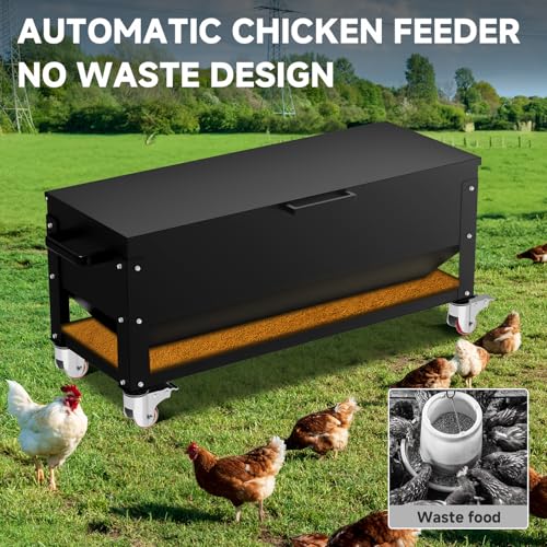 Automatic Metal Chicken Feeder,120lb Large Capacity Heavy Duty Gravity Chicken Feeder Box with Weatherproof Lid Brake Casters,Portable Chicken Feede No Waste Poultry Feeder for Ducks, Geese