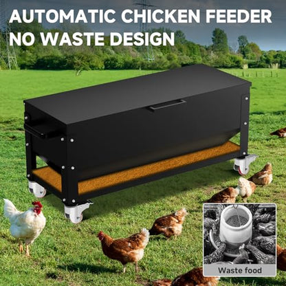 Automatic Metal Chicken Feeder,120lb Large Capacity Heavy Duty Gravity Chicken Feeder Box with Weatherproof Lid Brake Casters,Portable Chicken Feede No Waste Poultry Feeder for Ducks, Geese