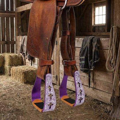 CHALLENGER Western Show Horse Saddle Stirrups Aluminum Leather Tread Cross Engraved 5145v - color: Purple with genuine Leather Tread