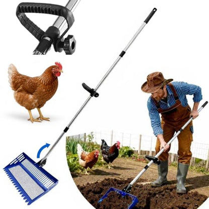 Chicken Poop Scooper Rake, 2-in-1 304 Stainless Steel 15 Inch Scoop - color: blue