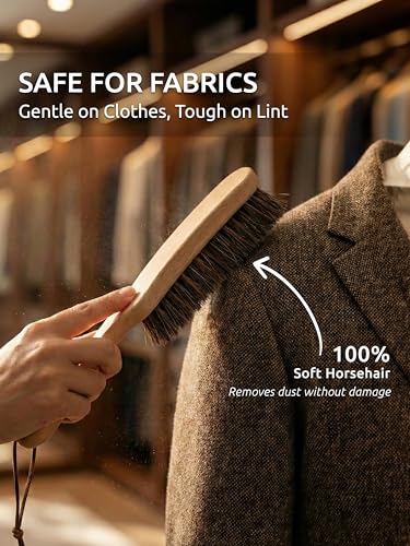 TAKAVU Horsehair Clothes Brush for Suits, Large Beech Wood Handle | Lint Brush for Coats, Cashmere, Wool, Velvet & Suede Upholstery, Hats & Jackets, Natural Bristle Garment Care - color: Beech