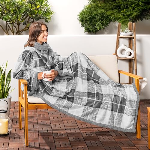 PAVILIA Sherpa Wearable Blanket with Sleeves and Pocket, Plush Thick Cozy Body Blanket Wrap for Adult Women Men, Christmas Gift for Wife Mom, Plaid Light Grey - color: Plaid Light Gray