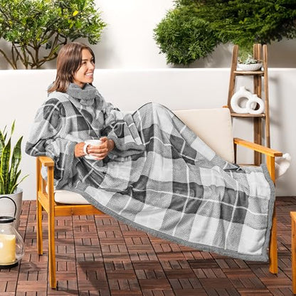 PAVILIA Sherpa Wearable Blanket with Sleeves and Pocket, Plush Thick Cozy Body Blanket Wrap for Adult Women Men, Christmas Gift for Wife Mom, Plaid Light Grey - color: Plaid Light Gray