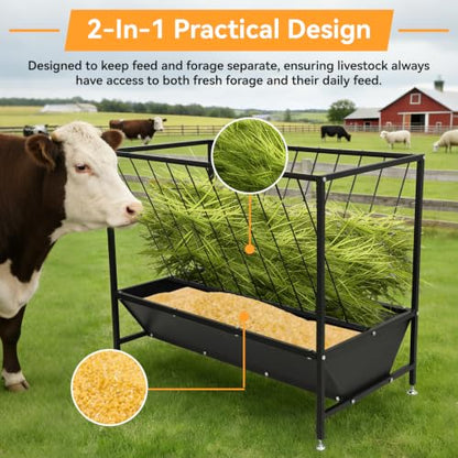 70 Gallon Pasture Hay Feeder, Heavy-Duty 2-in-1 Livestock Feeder with Grain Trough, Galvanized Steel Hay Rack for Goats, Sheep, Calves and Miniature Horses