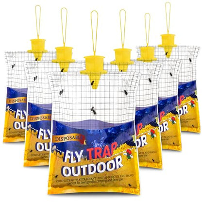 6 Big Fly Bags Outdoor Wasp Traps Hanging for Patio, Pre-Baited, Disposable - size: 6 Pack