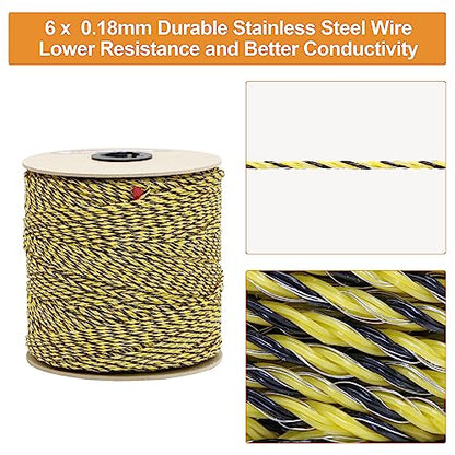 Electric Fence Poly Wire 1312ft 400m, 6 x 0.18mm Stainless Steel Conductors, Portable Electric Fence Polywire for Livestock, Yellow and Black Fence Wire - size: 1312ft(400m)
