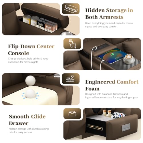 Power Reclining Loveseat Sofa with Flip Backrest Console - color: Brown Texture Finish, size: Power Loveseat