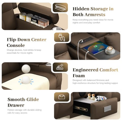 Power Reclining Loveseat Sofa with Flip Backrest Console - color: Brown Texture Finish, size: Power Loveseat