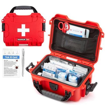 NANUK 903 - Small Waterproof First Aid Kit 78pcs – Pre-Stocked First Aid Emergency Kit with Bandages, Tick Removal Tool, and More – Dustproof, Impact-Resistant, Floats (7.4" x 4.9" x 3.1") – Red