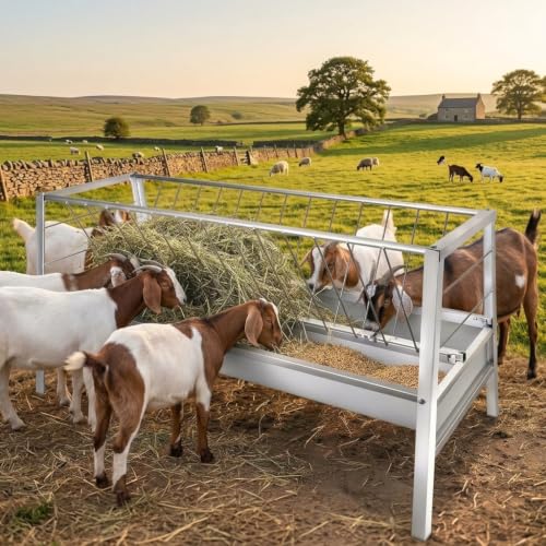 Livestock Hay Feeder,95 Gallon 2 in 1 Grain & Hay Feeder, 59 Inch Long Heavy Duty Steel Goat Hay Feeder with Deep Feeding Pan, Livestock Hay Rack for Goats, Sheep, Horse, Farm & Barn Pasture Use