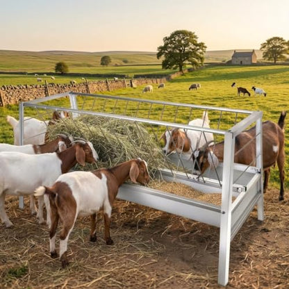 Livestock Hay Feeder,95 Gallon 2 in 1 Grain & Hay Feeder, 59 Inch Long Heavy Duty Steel Goat Hay Feeder with Deep Feeding Pan, Livestock Hay Rack for Goats, Sheep, Horse, Farm & Barn Pasture Use