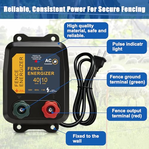 Electric Fence Energizer, 10 Mile/40 Acres Plug-in AC Low Impedance Fence Charger PE5, 0.16J for Containing Livestock, Pets & Keeping Out Small Nuisance Animals