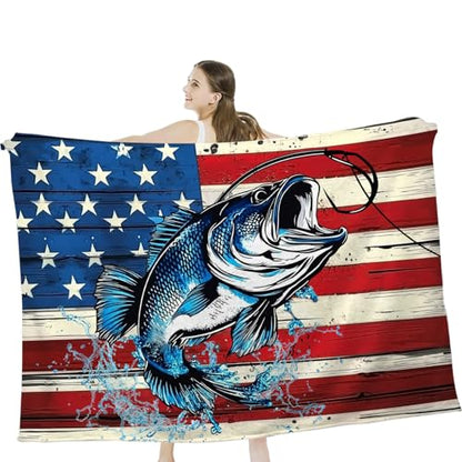 Bass Fish Blanket American Flag Fishing Throw Blanket 50"x40" - color: Bass Fish, size: 50"x40"