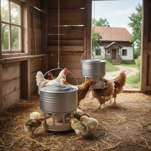 KOL Hanging Chicken Feeder – 20lbs Metal Chicken Feeder No Waste, Adjustable Poultry Feeder with 12 Ports, No Installation & Universal Height Design (Silver) - color: Silver