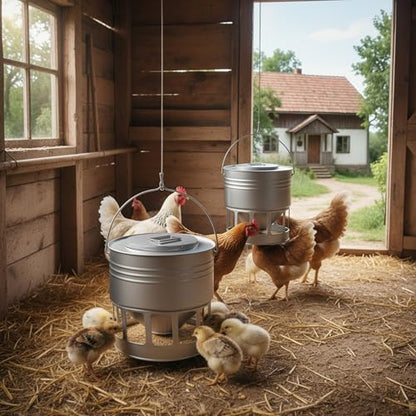 KOL Hanging Chicken Feeder – 20lbs Metal Chicken Feeder No Waste, Adjustable Poultry Feeder with 12 Ports, No Installation & Universal Height Design (Silver) - color: Silver
