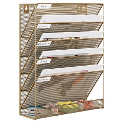 EasyPAG 5 Tier Wall File Holder, Mesh Hanging Folder Organizer with Classify Label, Versatile Desk File Holder, Vertical Wall Mounted Mail Organizer for Office Home Cubicle, Gold - color: Gold