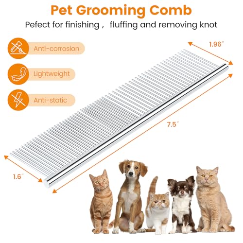 PETTOM 2Pcs Stainless Steel Dog Comb, Round Tooth Cat Comb with 2 Tooth Widths, Metal Combs for Removing Knots and Tangles, Grooming Tool for Long and Short Hair Pets, 7.5 IN Silver - style: Comb C
