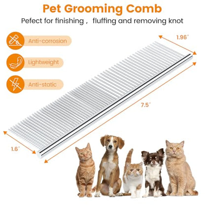 PETTOM 2Pcs Stainless Steel Dog Comb, Round Tooth Cat Comb with 2 Tooth Widths, Metal Combs for Removing Knots and Tangles, Grooming Tool for Long and Short Hair Pets, 7.5 IN Silver - style: Comb C