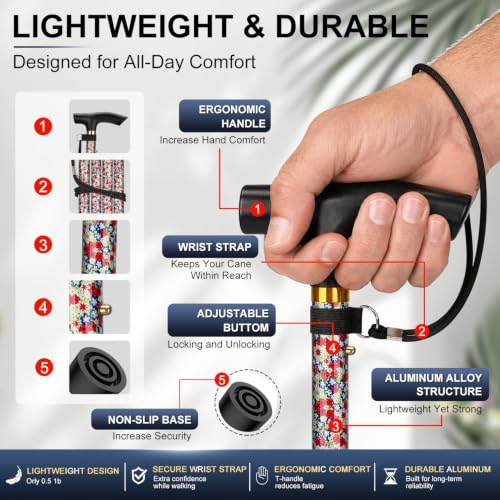 supregear Folding Cane, 5-Level Adjustable Height Walking Stick Lightweight Collapsible Portable Travel Cane with Wrist Strap and T Handle for Elderly Disabled Men Women - color: White Dense Blossoms
