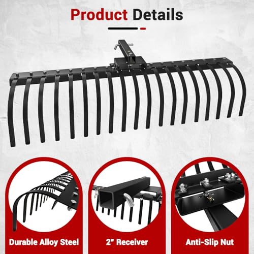 55 Inch Tow Behind Landscape Rake, Black Durable Tractor Rake with 2 Inch Receiver Fit for Lawn Tractor ATV UTV, All Steel Anti-Rust Yard Rake for Pine Needles Leaves Grass Cleanup (55 Inch) - size: 55 Inch