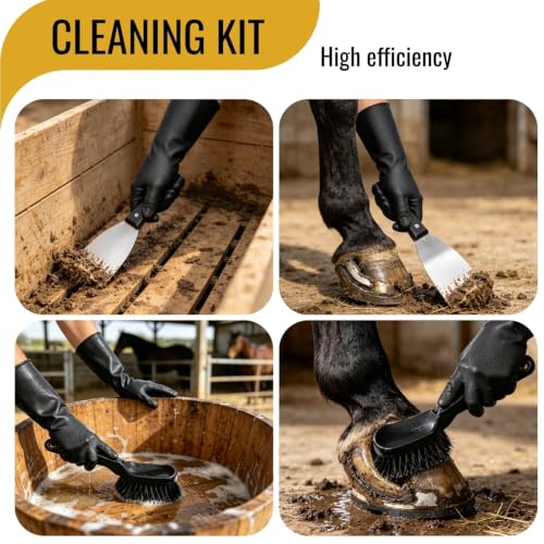 2 Pack Horse Bucket Brush Water Trough Scrub Brush, Stiff Bristle | Heavy-Duty Non-Slip Handle, Includes Cleaning Scraper and Gloves for Livestock Farms, Feed Troughs, Barns and Outdoor Use