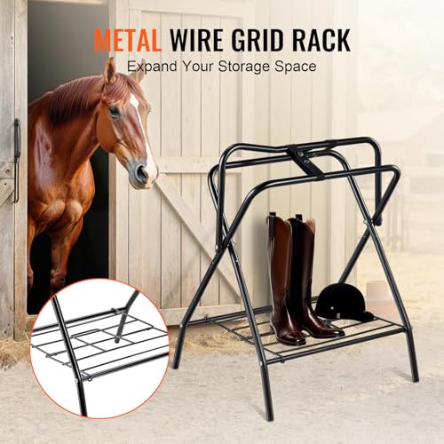 VEVOR Folding Saddle Rack, Freestanding Horse Saddle Stand, Portable Horse Blanket Holder, Heavy Duty Steel Saddle Rack for English & Western Saddles, Tack Storage, 28 x 19 x 37.5 in, Black - style: Folding Saddle Rack-1 Pcs