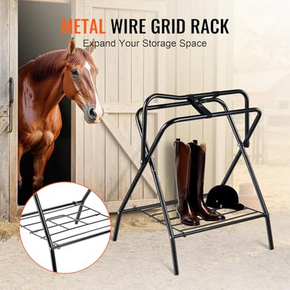 VEVOR Folding Saddle Rack, Freestanding Horse Saddle Stand, Portable Horse Blanket Holder, Heavy Duty Steel Saddle Rack for English & Western Saddles, Tack Storage, 28 x 19 x 37.5 in, Black - style: Folding Saddle Rack-1 Pcs