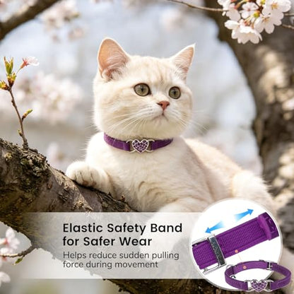 BINGPET Diamond Cat Collar with Bell, Adjustable Kitten Collar, Purple - color: Purple(Heart), size: Neck Girth 8"-10"