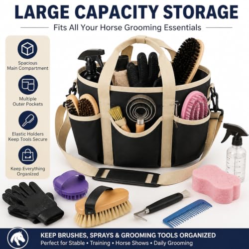 Horse Grooming Tote Bag, 600D Oxford Equestrian Organizer with Strap - color: Black