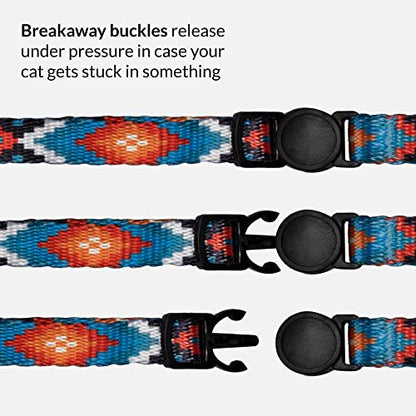 Tribal Aztec Cat Collar 2-Pack, Breakaway with Bell - color: Blue Ethnic & Aztec
