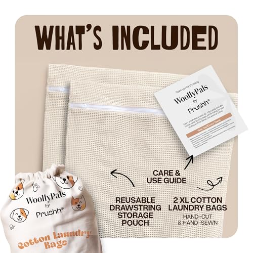 WoollyPals Large Cotton Mesh Laundry Bags (16" x 20") – 2-Pack with Drawstring Storage Pouch – Washer & Dryer Safe, Durable Zipper, Breathable Mesh for Clothes, Delicates, Underwear, Shoes & Lingerie
