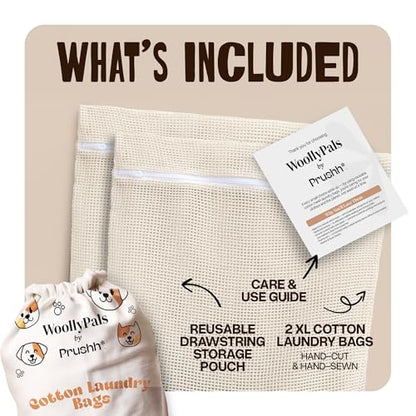WoollyPals Large Cotton Mesh Laundry Bags (16" x 20") – 2-Pack with Drawstring Storage Pouch – Washer & Dryer Safe, Durable Zipper, Breathable Mesh for Clothes, Delicates, Underwear, Shoes & Lingerie