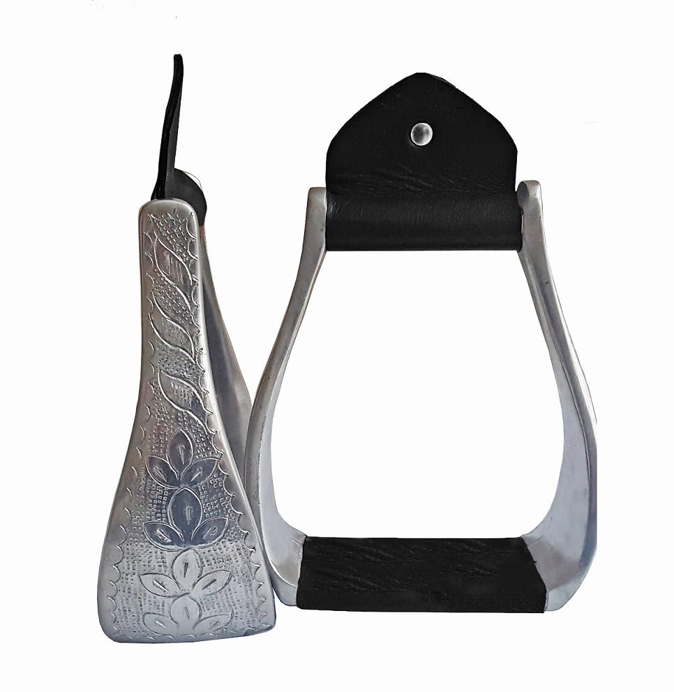 Aluminum Engraved 4.75" Western Horse Bell Stirrups with Original Leather - color: BLACK LEATHER