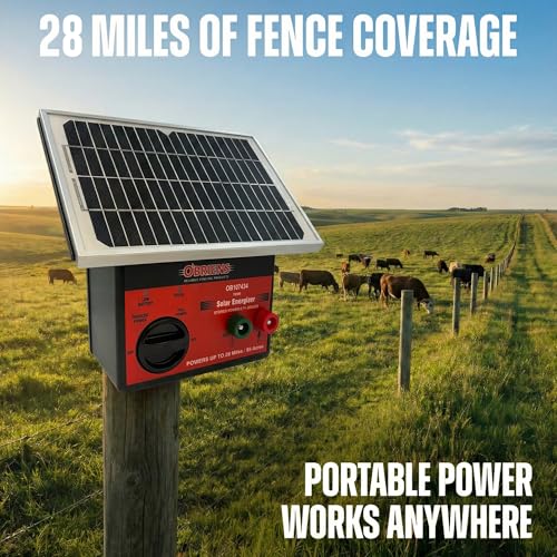 O’Briens 0.71 Joule Solar Electric Fence Charger | Adjustable Power Dial | Powers Up to 28 Miles or 95 Acres | Solar-Powered Energizer with LED Indicator, Fence & Ground Leads, Rechargeable Battery