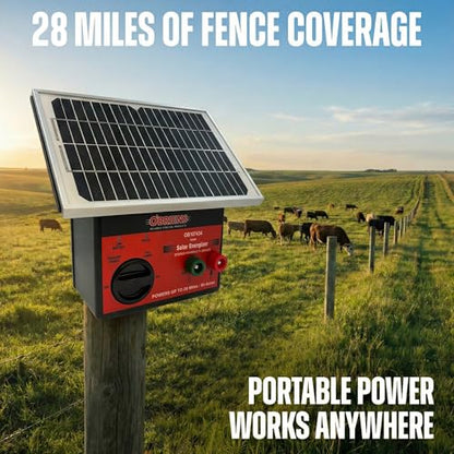 O’Briens 0.71 Joule Solar Electric Fence Charger | Adjustable Power Dial | Powers Up to 28 Miles or 95 Acres | Solar-Powered Energizer with LED Indicator, Fence & Ground Leads, Rechargeable Battery