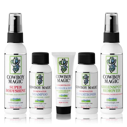 Cowboy Magic Sample Kit – Includes Rosewater Shampoo (2 oz), Rosewater Conditioner (2 oz), Super Bodyshine (3.4 oz), Greenspot Remover (3.4 oz), & Detangler & Shine (1 oz) – Perfect for Travel & Tack