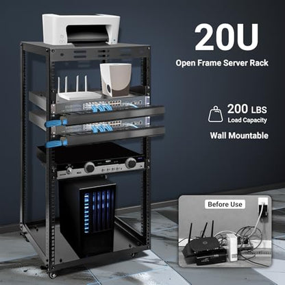 20U Server Rack w/ 2 Racks, Versatile Open Frame IT Rack - size: 20U