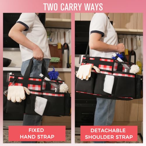 SCAVATA Wearable Cleaning Caddy, Cleaning Caddy Supplies Organizer with Handle & Shoulder Straps for Housekeepers, Under Sink & Car Cleaning Tool Organizers Bag with 4 Foldable Divider (RedPlaid) - color: RedPlaid