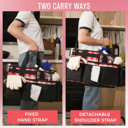 SCAVATA Wearable Cleaning Caddy, Cleaning Caddy Supplies Organizer with Handle & Shoulder Straps for Housekeepers, Under Sink & Car Cleaning Tool Organizers Bag with 4 Foldable Divider (RedPlaid) - color: RedPlaid