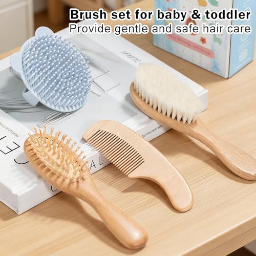 Baby Hair Brush Set for Newborns, Wooden Baby Brush & Comb - Toddler Cradle Cap Brush, Ultra Soft Goat Hair Bristles, Baby Grooming Kit for Baby Showers & Registries Gift Set