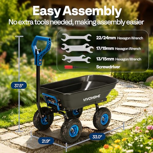 VIVOHOME 660lbs Wheelbarrow Dump Garden Cart with 2-in-1 Convertible Handle | Attach to ATV or Tractor, 10" All Terrain Wheels, Heavy Duty Utility Trailer for Yard - color: Blue
