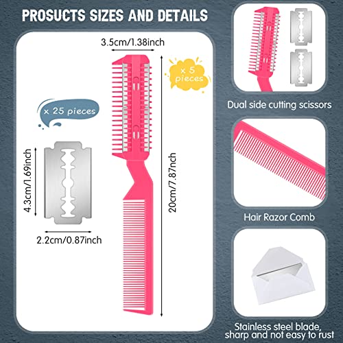 Yinkin 5-Piece Razor Comb for Dogs & Cats, Pink, Plastic & Stainless Steel, Small to Medium Dogs, 25 Extra Blades, Manual, Grooming & Trimming - color: Pink