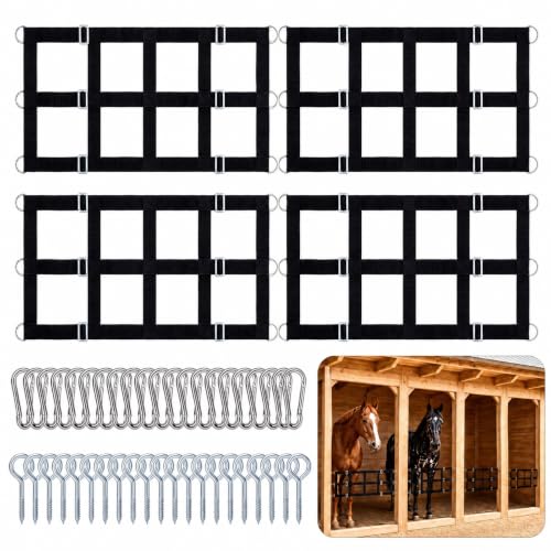 Zonon 4 Pack 48" x 20" Horse Stall Guard Gate for Horses, Heavy Duty Polyester Stall Door Guard with Adjustable Straps, Hooks and Screws, Black Stable Gate Barrier for Barns, Stables, Breeding Farms