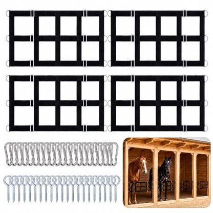 Zonon 4 Pack 48" x 20" Horse Stall Guard Gate for Horses, Heavy Duty Polyester Stall Door Guard with Adjustable Straps, Hooks and Screws, Black Stable Gate Barrier for Barns, Stables, Breeding Farms