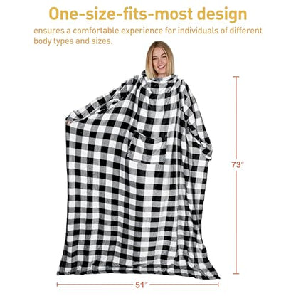 Catalonia Wearable Blanket with Sleeves for Women & Men, Fleece Wrap Throw - color: Plaid White
