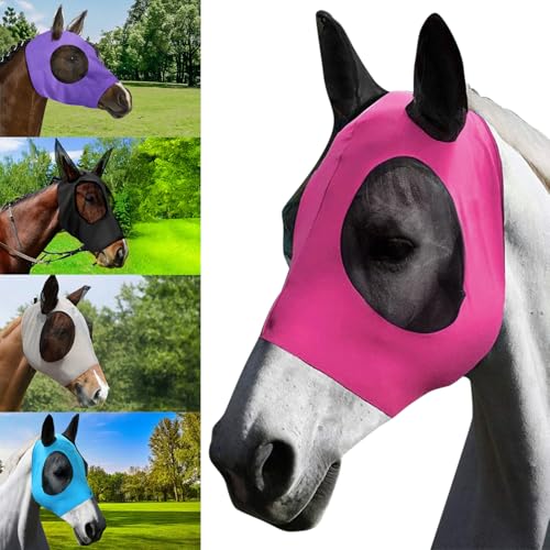 5Pcs Horse Fly Masks for Horses Smooth and Elasticity UV Protection Fly Mask with Ears and Large Eye Space Horse Face Covering for Riding Supplies(,Purple, Blue, Pink, Black, Gray)
