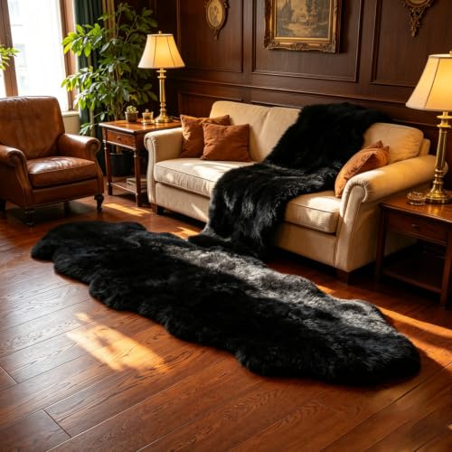 Genuine Sheepskin Rug Natural Wool Fluffy Soft Like Cloud|2 * 6 FT - color: Black, size: 2' x 6' (sheepskin)