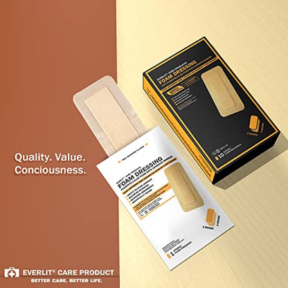EVERLIT Care Silicone Foam Dressing with Adhesive Border | Highly Absorbent Hypoallergenic Bandages for Chronic Wounds, Bed Sores, Pressure Ulcers | Gentle & Secure Adhesion (2" x 5" | 10 Pack) - size: 2" x 5" | 10 Pack
