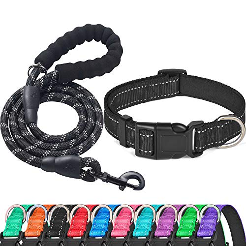 Ladoogo Reflective Dog Collar Padded with Soft Neoprene Breathable Adjustable Nylon Dog Collars for Small Medium Large Dogs (Medium (Pack of 1), Black Collar+Leash) - color: Black, size: Medium